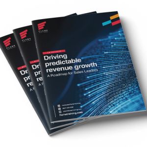 Three brochures laid on top of each other showing the cover image of Flume Sales Trainings whitepaper 'Driving Predictable Revenue Growth: A Roadmap for Sales Leaders'